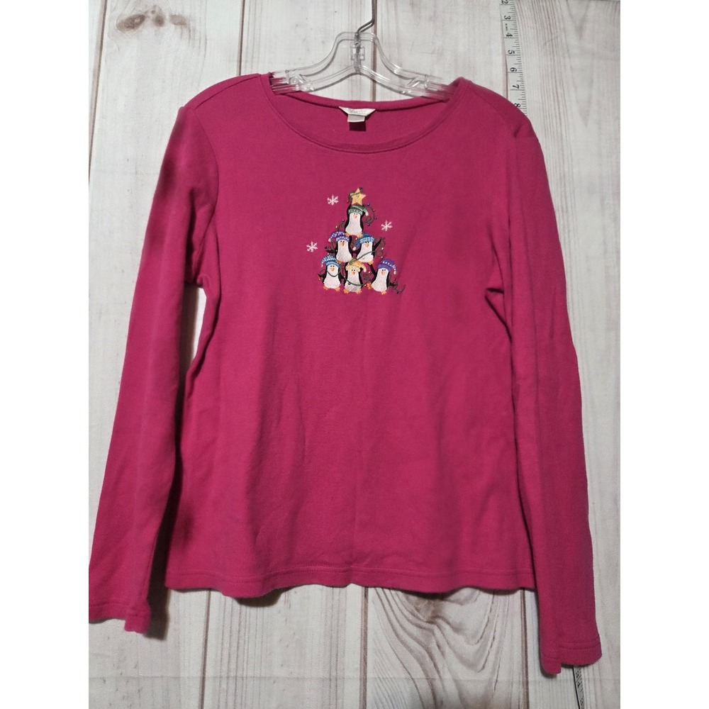 Christopher & Banks Shirt Womens Medium Pink Penguin Christmas Long‎ Sleeve